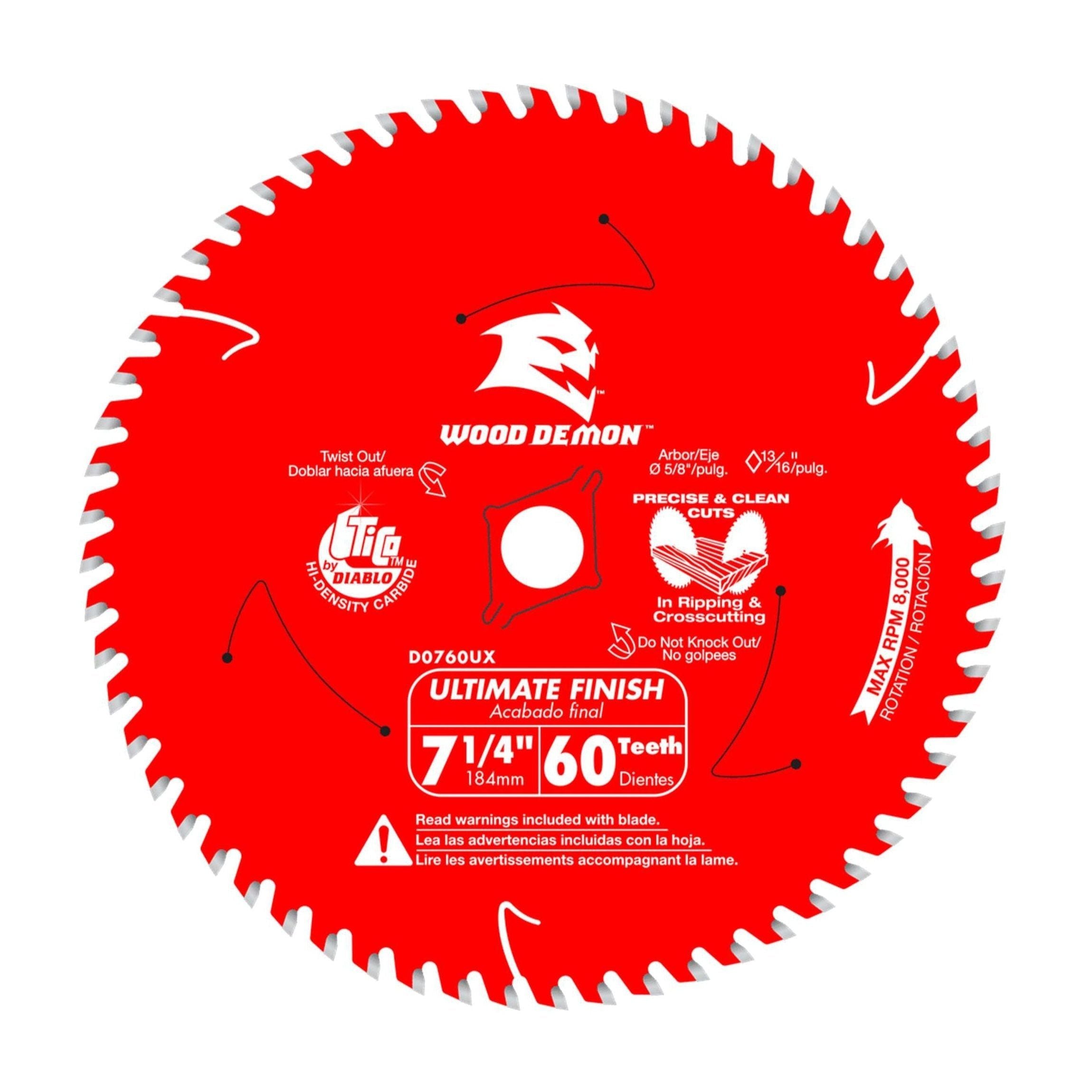 A red circular DIABLO D0760UXA blade features jagged TiCo Hi-Density carbide teeth and reads Wood Demon Ultimate Finish. It measures 7-1/4 inches with 60 teeth, offering Twist Out, Dura-Blend Technology, and No Vibration for ultra-fine crosscuts. Safety warnings are at the bottom.